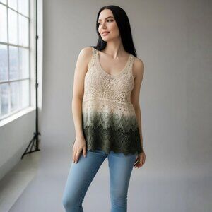 Dolled Up by F.A.N.G ✦ Beige to Olive Crochet Lace Ombre Tank ✦ Boho Scalloped M